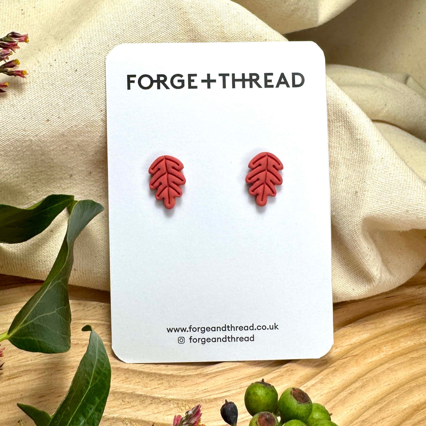 BURNT ORANGE RED OAK LEAF STUDS
