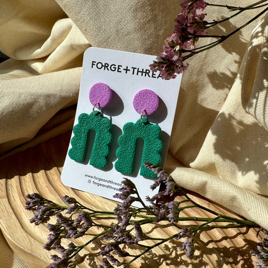 GREEN & LILAC TEXTURED SCALLOPED ARCH EARRINGS