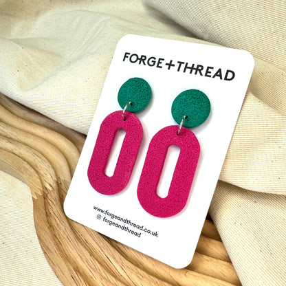 FUCHSIA & GREEN TEXTURED OVAL DROP EARRINGS