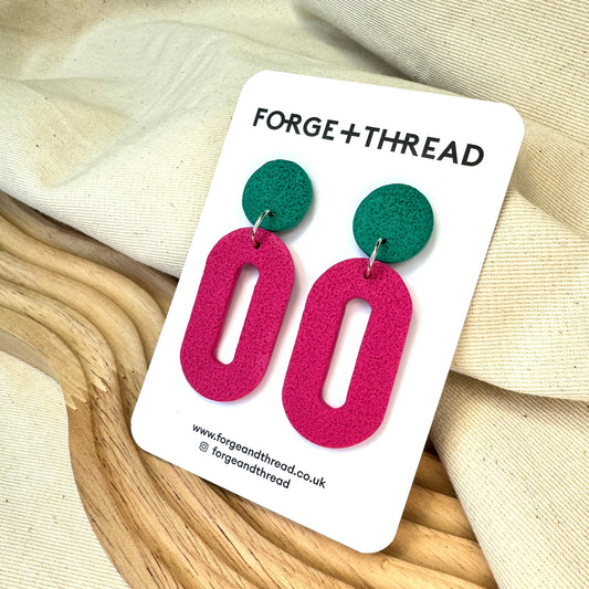 FUCHSIA & GREEN TEXTURED OVAL DROP EARRINGS
