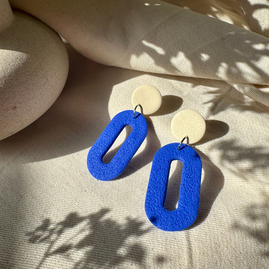 BLUE & IVORY TEXTURED OVAL EARRINGS