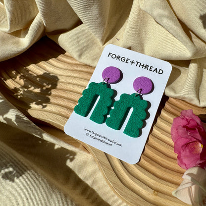 GREEN & LILAC TEXTURED SCALLOPED ARCH EARRINGS