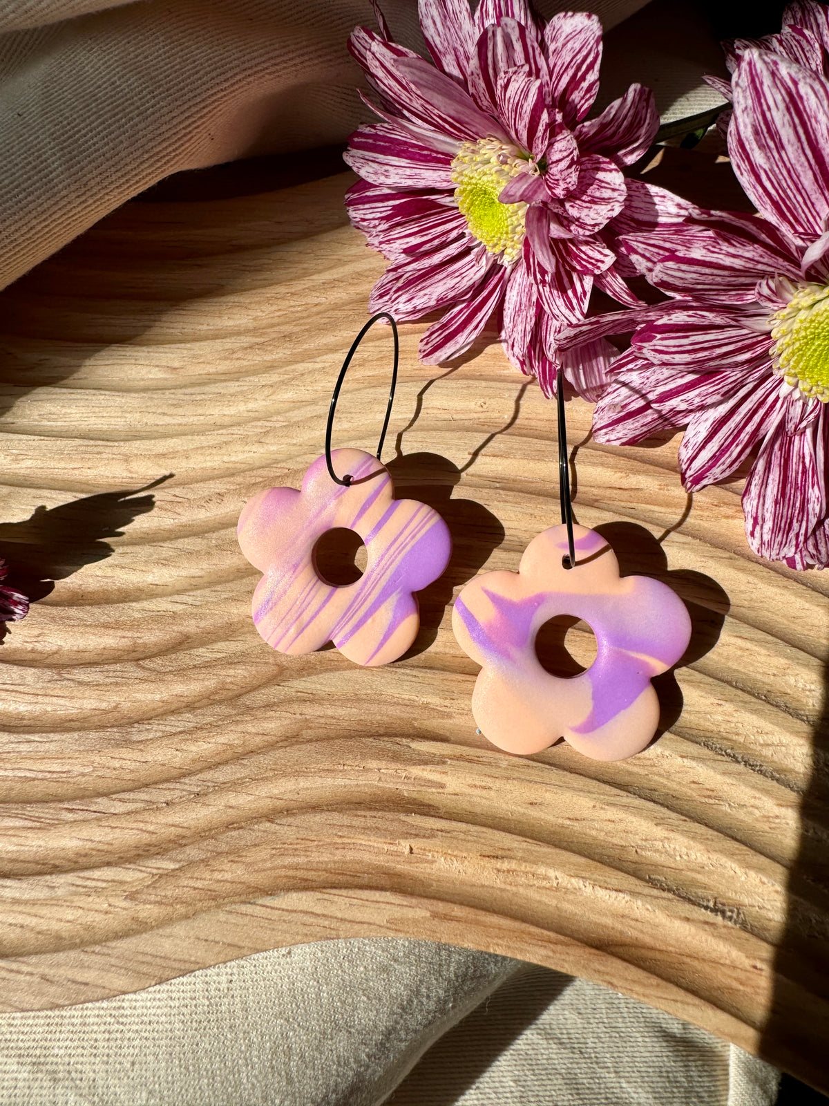 PEACH & LAVENDER FLOWER WIRE EARRINGS- SALE
