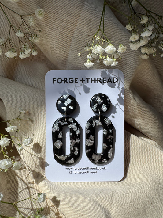 SILVER & BLACK OVAL DROP EARRINGS
