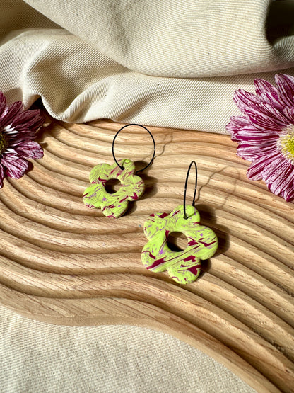 GREEN & MERLOT MARBLED FLOWER WIRE EARRINGS- SALE
