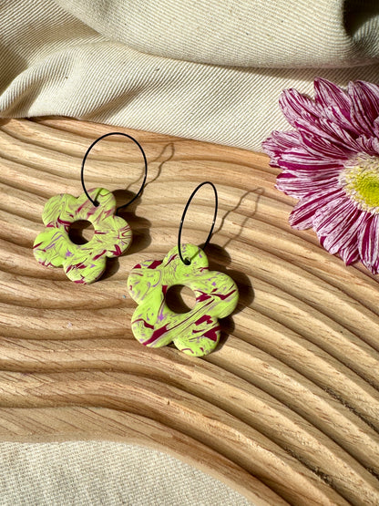 GREEN & MERLOT MARBLED FLOWER WIRE EARRINGS- SALE