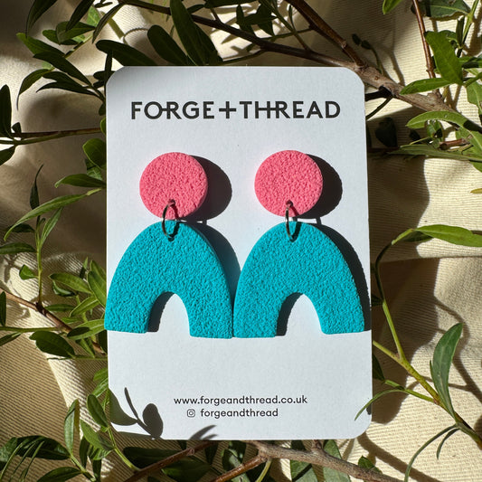 TURQUOISE & PINK TEXTURED ARC EARRINGS