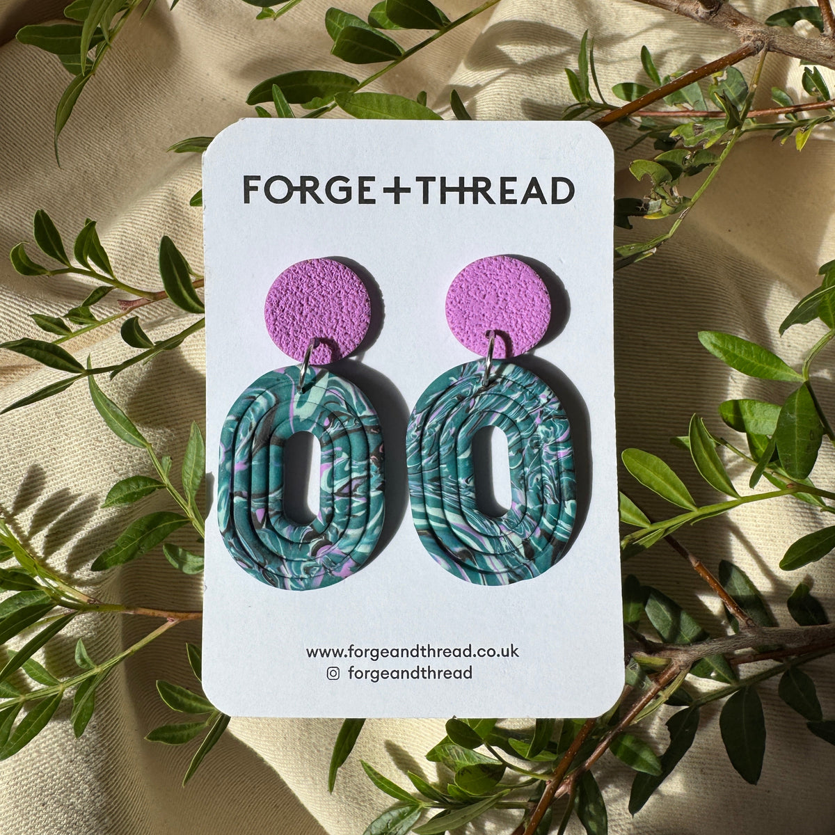 BLACK, GREEN & LILAC MARBLED LOOP EARRINGS