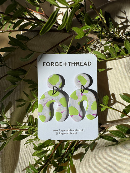GREEN COW PATTERN WONKY ARCH EARRINGS
